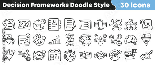 Collection of thirty hand drawn decision framework icons representing business processes workflow management and strategic planning concepts