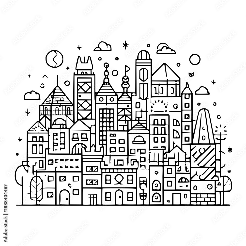 Fototapeta premium Fantasy Cityscape with Buildings and Clouds in Black and White