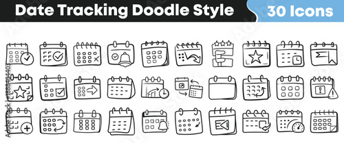 Collection of thirty hand drawn calendar icons in doodle style illustrating date tracking reminders scheduling and important events