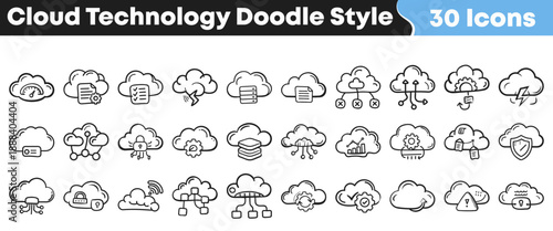 Thirty unique hand drawn cloud technology doodle style icons representing diverse computing services for digital design projects