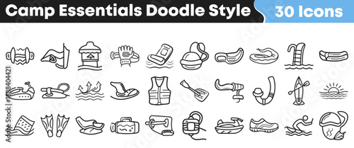 Thirty hand drawn doodle style icons representing various essential equipment for summer camping and exciting water activities are displayed together.