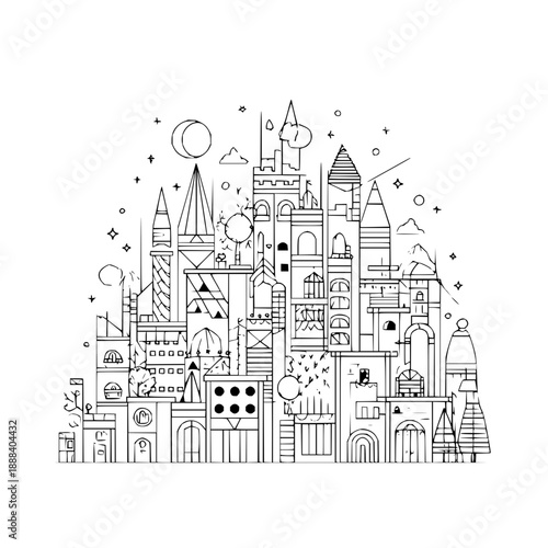 Fantasy Castle with Towers and Spires in Night Sky