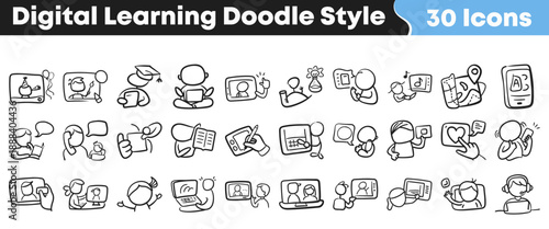 Collection of thirty hand drawn doodle style icons representing various concepts associated with digital learning communication and technology use