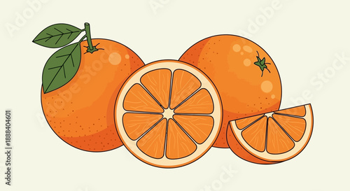 Illustration of Fresh Oranges with Sliced and Whole Fruits Set on Light Background