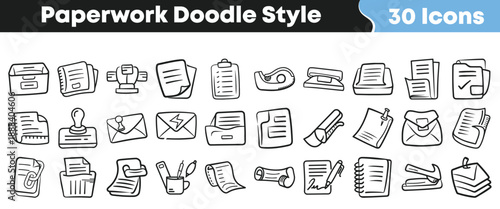 Collection of thirty hand drawn black and white doodle style icons representing various essential office paperwork and stationery supplies