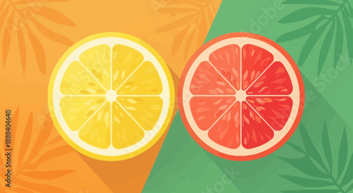 Vibrant citrus fruit slices with contrasting yellow and red grapefruit against colorful background