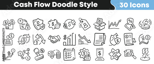 Collection of thirty hand drawn doodle style icons representing various concepts related to finance cash flow investment and business transactions