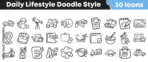 Collection of thirty black and white doodle style icons representing various daily lifestyle activities hobbies and relaxation elements