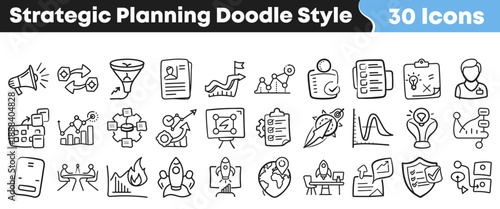 A collection of thirty hand drawn strategic planning doodle style icons representing business development goal setting and creative processes