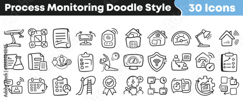Collection of thirty hand drawn process monitoring doodle style icons representing various business management and workflow concepts effectively