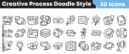 Collection of thirty hand drawn creative process doodle style icons representing brainstorming development and final execution stages