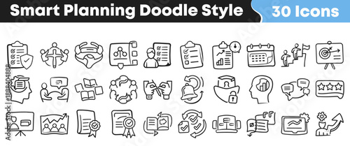 Collection of thirty unique smart planning doodle style icons representing business strategy goal setting and workflow management