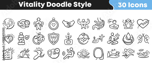 Collection of thirty hand drawn doodle style icons representing various aspects of human vitality health and wellness activities