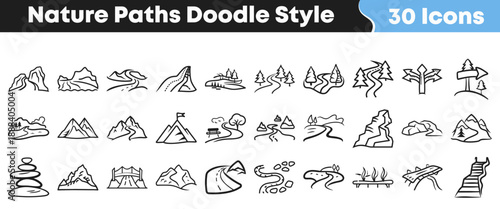 Collection of thirty hand drawn nature paths trail road signs mountains and landscape elements in a doodle style