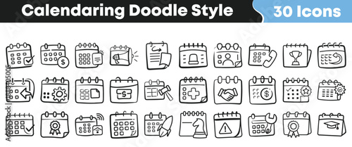Collection of thirty unique calendar doodle style icons representing scheduling finance appointments deadlines planning and business organization