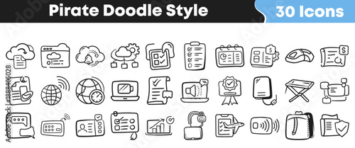 Thirty hand drawn pirate style icons representing various concepts including technology finance and communication tools are displayed
