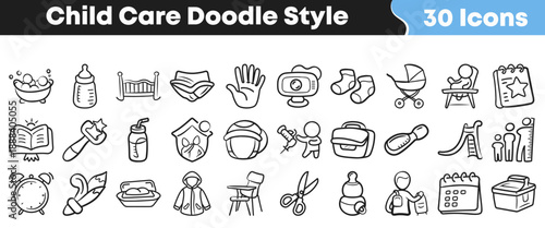 A comprehensive set of thirty hand drawn doodle style icons representing various aspects of essential child care and early childhood development needs