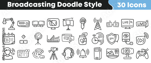 Collection of thirty hand drawn doodle style icons representing various broadcasting technology equipment and live streaming concepts for digital media projects.