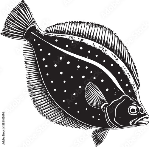 Flounder fish (Flatfish) Hand-drawn Sketch Drawing Vector Illustration, Line Linear Symbol Engraving Coloring Book, Black and White Isolated