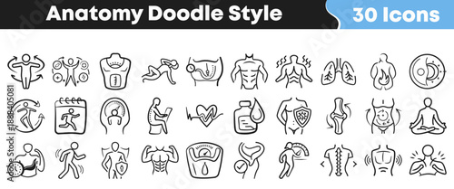 Thirty hand drawn doodle style icons representing various concepts related to human anatomy fitness health and wellness goals