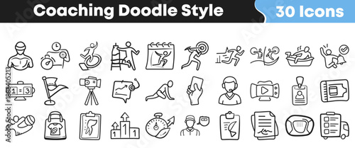 Set of thirty hand drawn doodle style coaching and sports activity icons representing training performance evaluation and recovery elements