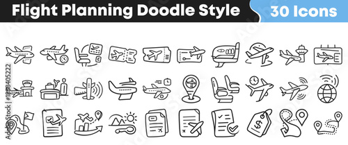 Collection of thirty hand drawn doodle style icons representing various aspects of flight planning travel and airport operations