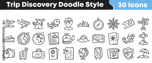 Collection of thirty doodle style icons representing various aspects of trip discovery travel planning and tourism activities