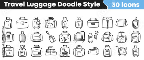 Thirty distinct travel luggage icons presented in a fun doodle sketch style perfect for vacation planning or journey themes