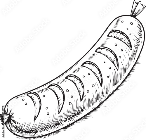 Frankfurter Sausage Hand-drawn Sketch Drawing Vector Illustration, Line Linear Symbol Engraving Coloring Book, Black and White Isolated