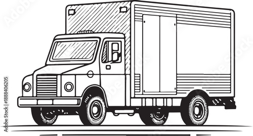 Humanitarian relief truck Hand-drawn Sketch Drawing Vector Illustration, Line Linear Symbol Engraving Coloring Book, Black and White Isolated