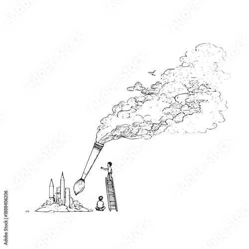 Man on Ladder Painting Cityscape with Large Brush