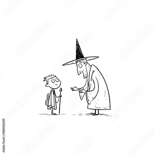 Wizard Talking to Young Boy Wearing Glasses and Backpack