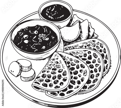 Injera with Doro Wat (Ethiopian Cuisine) Hand-drawn Sketch Drawing Vector Illustration, Line Linear Symbol Engraving Coloring Book, Black and White Isolated