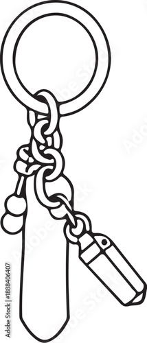 Keychain Key Chain Hand-drawn Sketch Drawing Vector Illustration, Line Linear Symbol Engraving Coloring Book, Black and White Isolated