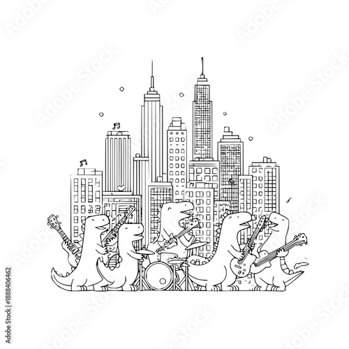 Dinosaurs Playing Instruments in New York City Skyline