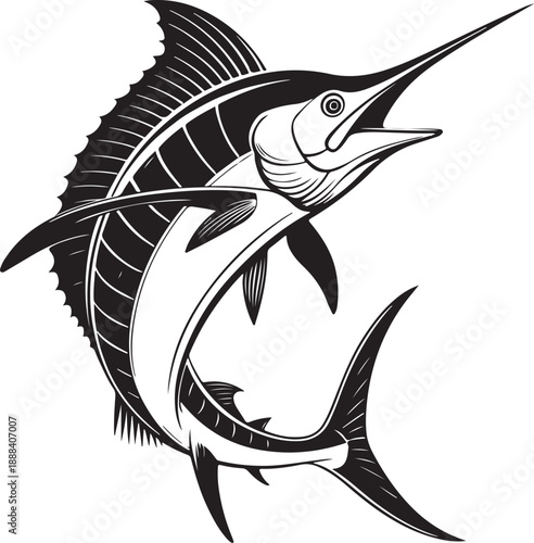 Marlin Fish (Sport Fishing) Hand-drawn Sketch Drawing Vector Illustration, Line Linear Symbol Engraving Coloring Book, Black and White Isolated