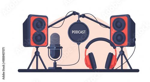 Podcast equipment setup with microphone and headphones on a table