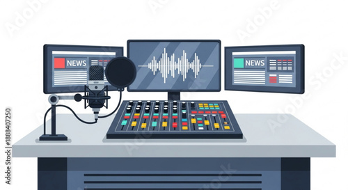 News studio setup with microphone and colorful mixing board
