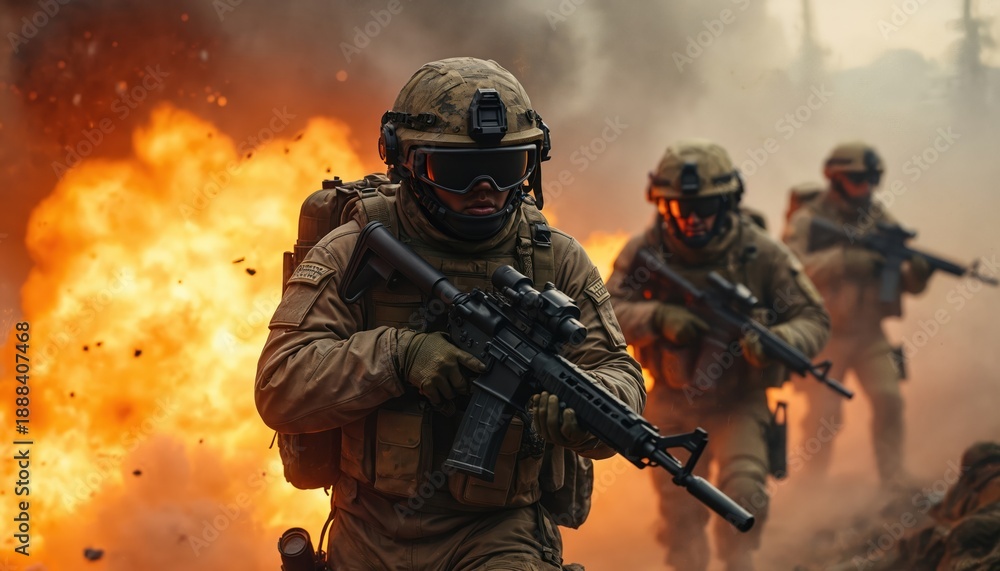 Fototapeta premium Special forces soldiers advance through smoke, fire during combat operation. Fighters wear tactical gear, carry rifles. Military unit moves in battle zone. Group of armed men. War scene. Chaos,