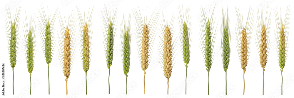 Fototapeta premium Border of fresh green and golden wheat ears in a row, cereal grain transition, agriculture and harvest concept, isolated on white background.
