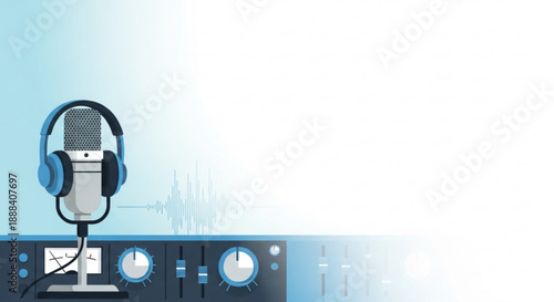 Microphone and headphones on audio mixer with controls