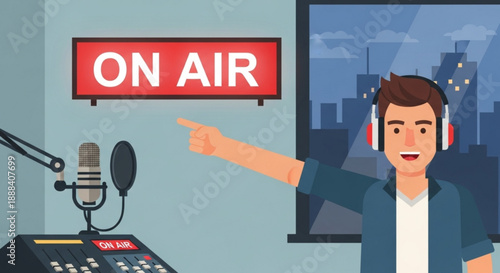Cartoon man wearing headphones pointing on air sign radio studio
