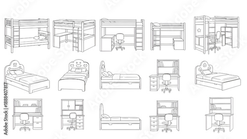Kids Bed and Study Furniture Outline Vector Set for CAD Interior Design