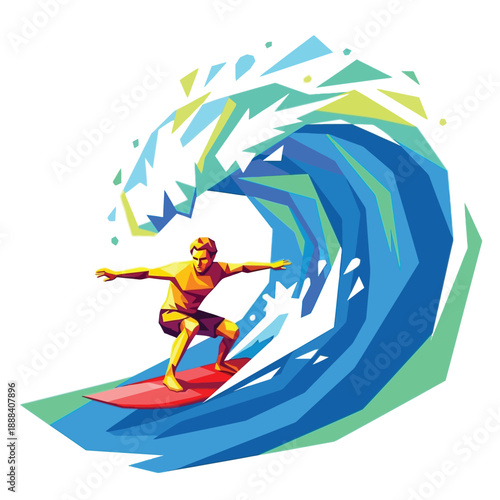 Surfer Riding a Stylized Geometric Wave in Dynamic Motion.