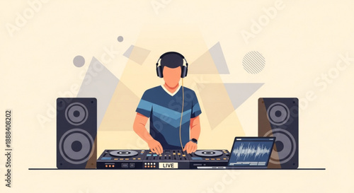 Dj mixing music with headphones on at a console with speakers