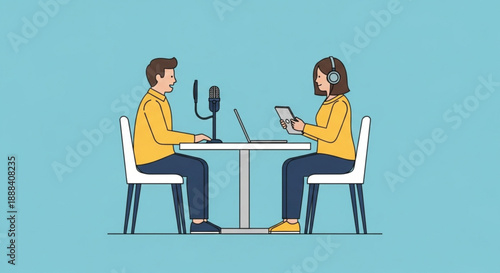 Two people podcasting with microphone and laptop at desk