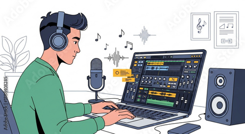 Music producer working on laptop with headphones and microphone