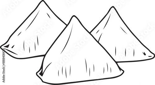 Samosas Hand-drawn Sketch Drawing Vector Illustration, Line Linear Symbol Engraving Coloring Book, Black and White Isolated