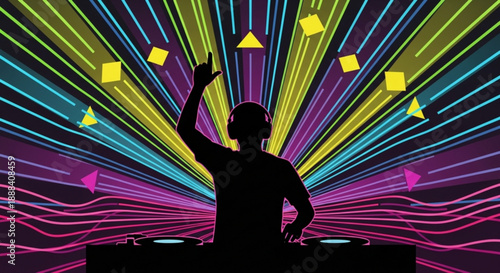 Dj raises hand with colorful lights behind