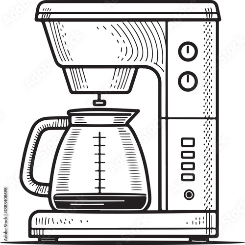 Smart coffee maker Hand-drawn Sketch Drawing Vector Illustration, Line Linear Symbol Engraving Coloring Book, Black and White Isolated